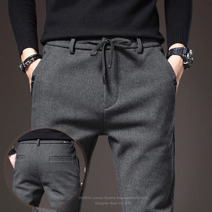 Good Quality Autumn Casual Pants Men Business Slim Elastic Waist Stretch Work Brushed Fabric Blue Trousers Male Brand Clothes