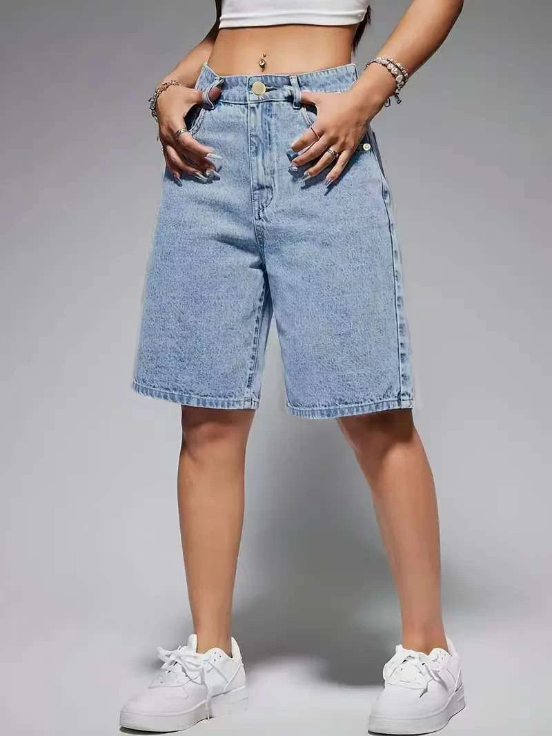 Light blue high-waisted denim shorts