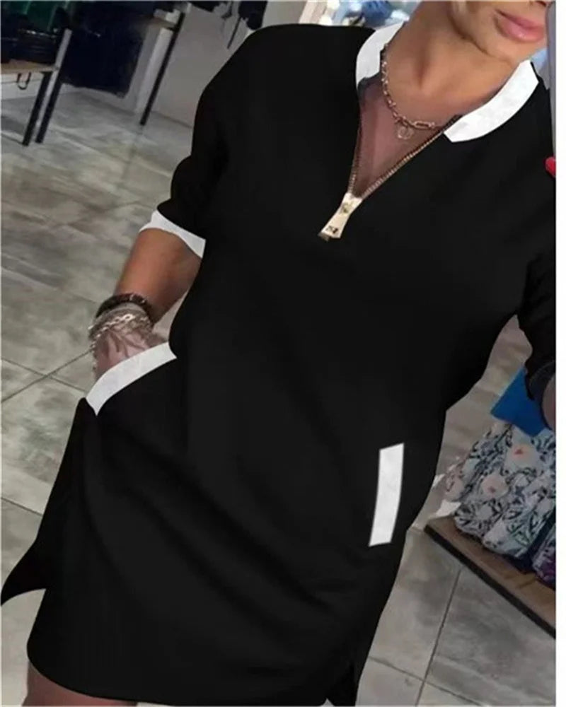 2024 Women's Dress V-neck Zipper Three-quarter Sleeve Elegant Casual Dress New Women's Leisure Suit