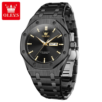 OLEVS Watches For Men Stainless Steel Strap Waterproof Luminous Dual Calendar Business Wristwatch Original Quartz Man Watch 3726