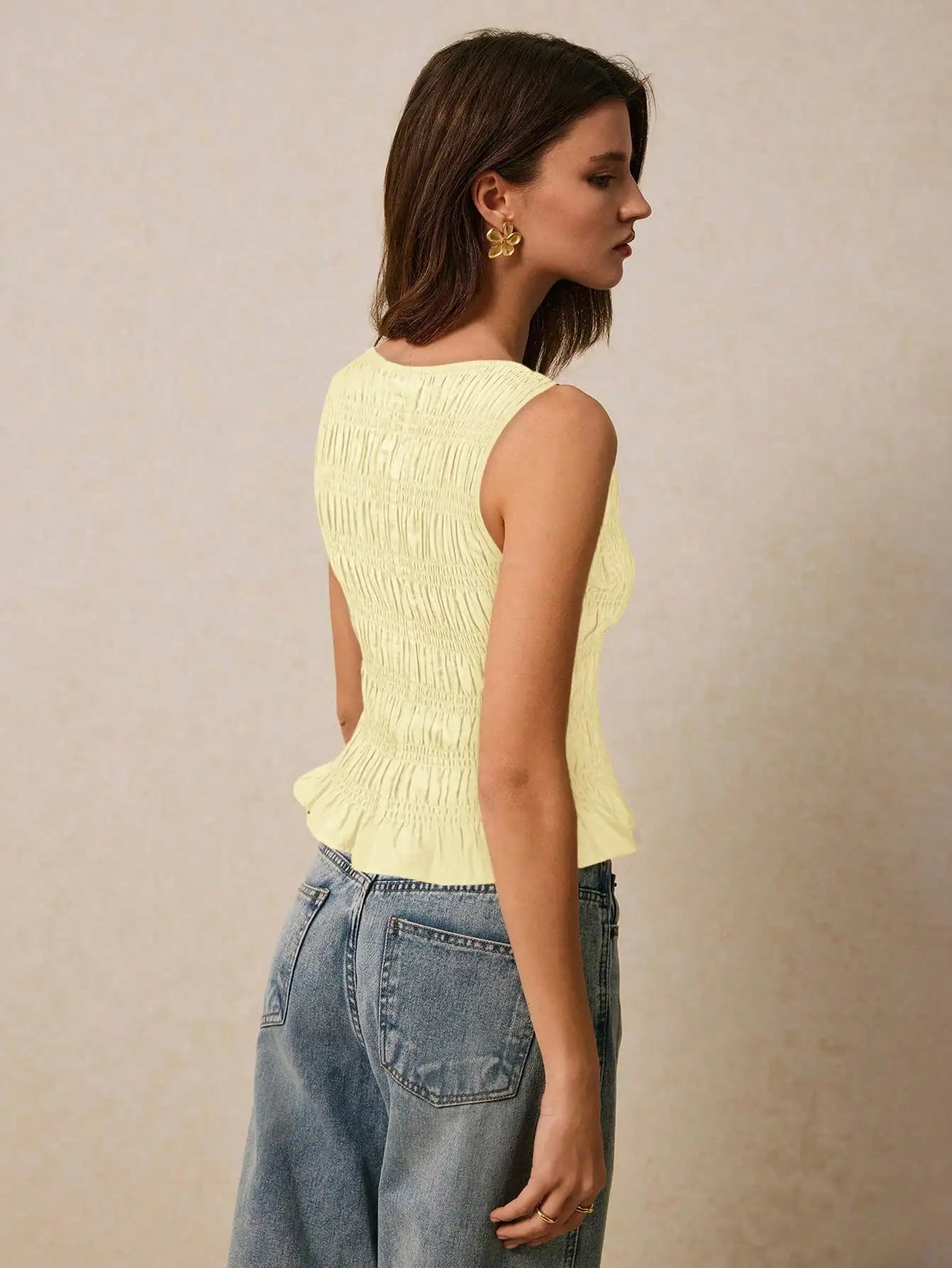 Women's Smocked Ruffled Tank Top Solid Yellow Summer Casual Top