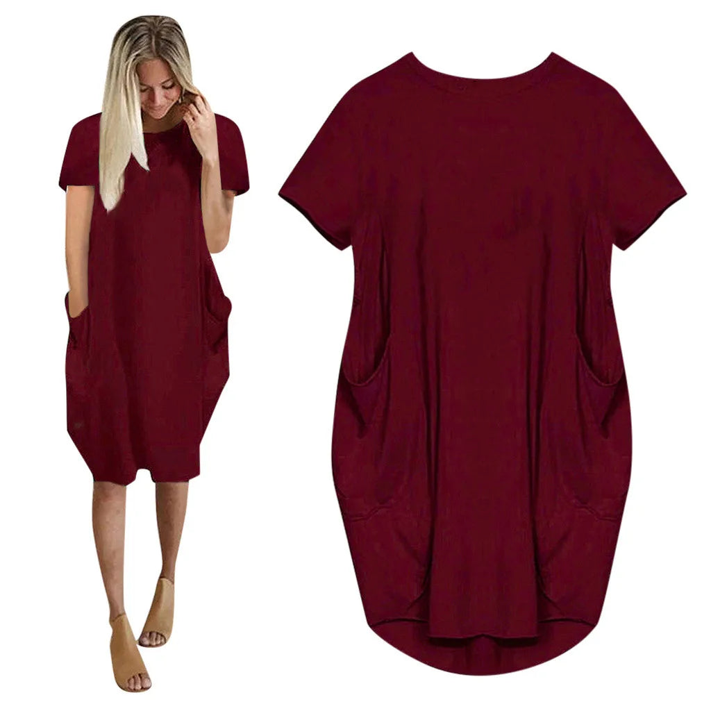 Plus Size Women Short Sleeve O-Neck Loose Casual Dresses Casual Short Sleeve Shirt Mini Dresses Round Neck Pockets Sexy Female T