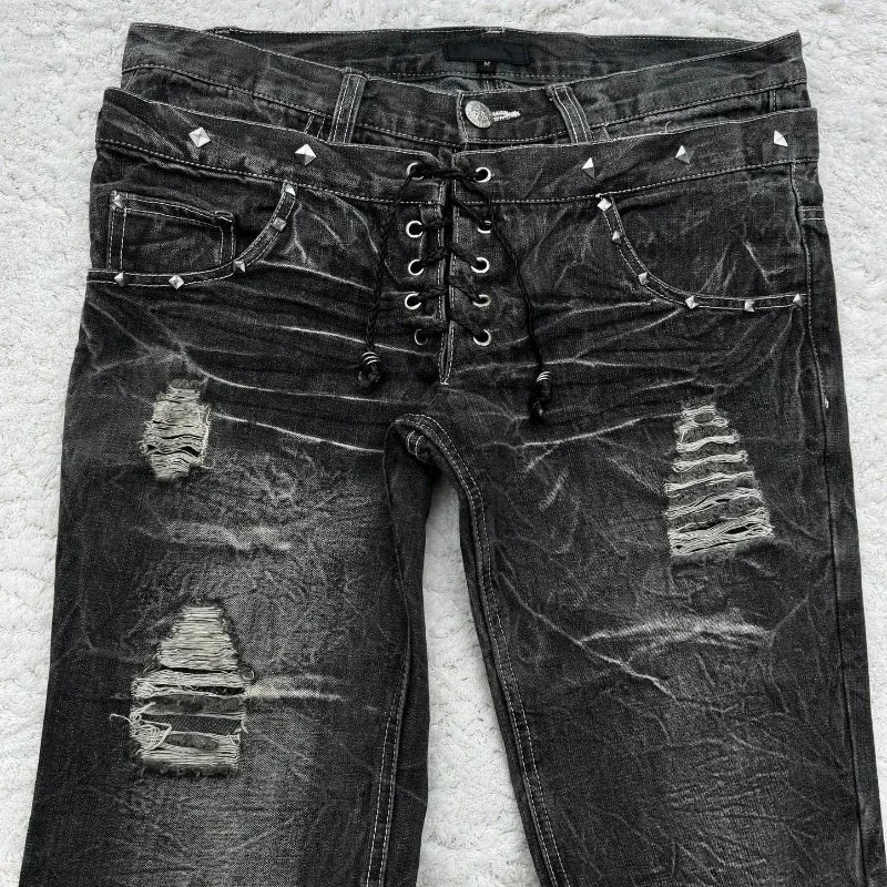 Fashionable high street double waisted lace up micro flared women jeans Y2K retro Harajuku washed design for men and women jeans