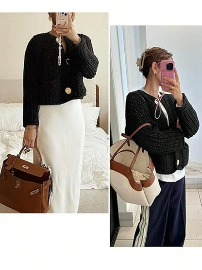 Womens Cropped Cardigan Sweater Button Down Chunky Knit Sweater Long Sleeve Fall Open Front Cardigan
