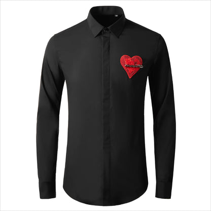 Brand Knitted Love Embroidery Shirt Men Trend Long Sleeved Men Shirt Luxury Social Banquet Party Shirts Streetwear Men Clothing