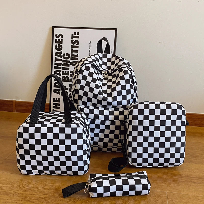 Checkerboard 4Pcs Backpack Set Crossbody &handbag &Pen Case Stitching Multi Pocket Adjustable Straps