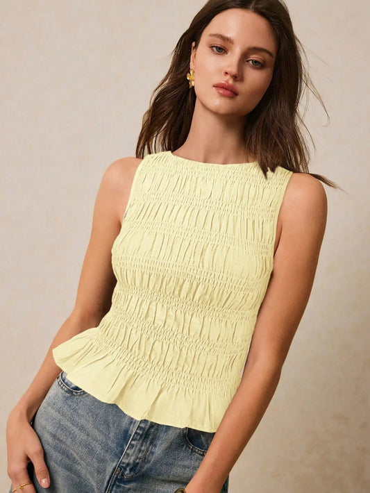 Women's Smocked Ruffled Tank Top Solid Yellow Summer Casual Top