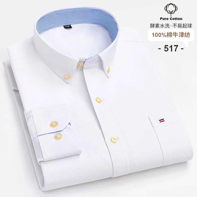 Men's Social Shirts Long Sleeve 100%Pure Cotton Oxford Buttoned Plaid Formal Male Casual Clothes Oversized Shirt Plus Size S-7XL