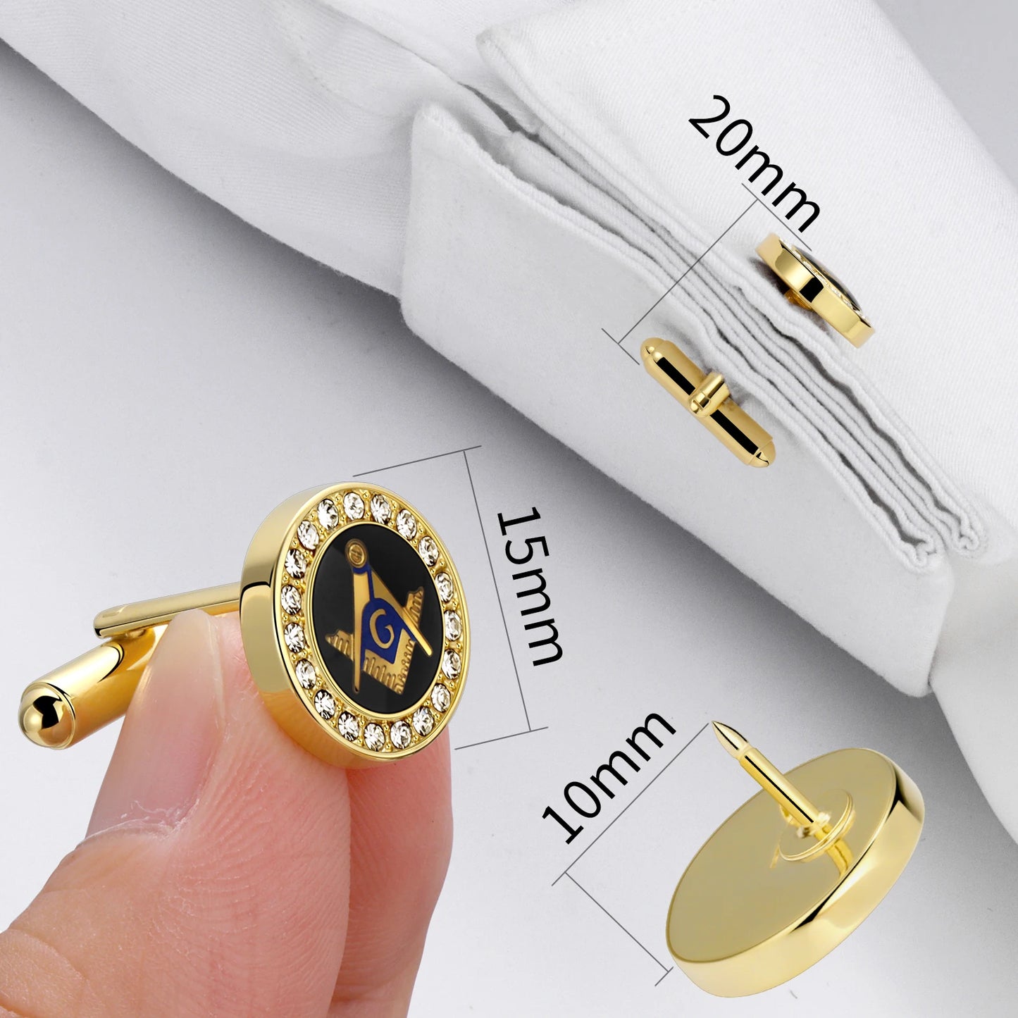 Mens Freemason Cufflinks 18K Gold Plated Square Compass Symbol with Black Blue Enamel and Crystal Rhinestones Gifts for Masonic