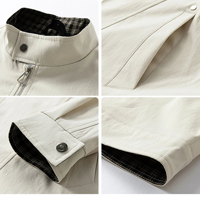 Men's Stand-Collar Casual Jacket – Solid Color Loose Fit Zip-Up Windbreaker with Plaid Lining Streetwear Outerwear