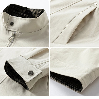 Men's Stand-Collar Casual Jacket – Solid Color Loose Fit Zip-Up Windbreaker with Plaid Lining Streetwear Outerwear