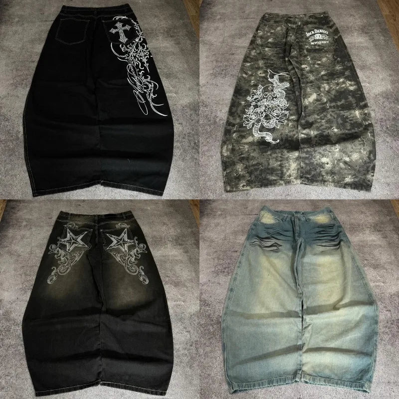 2026 American New Fashion Star Pattern Embroidery Old Jeans Women Y2K Gothic Hip-hop Casual Joker Straight Wide-leg Trousers