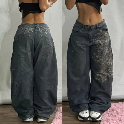 Y2K New Fashion Pink Pattern Patch Loose Jeans Women Gothic Harajuku Hip Hop Casual Joker Wide Leg Denim Trousers