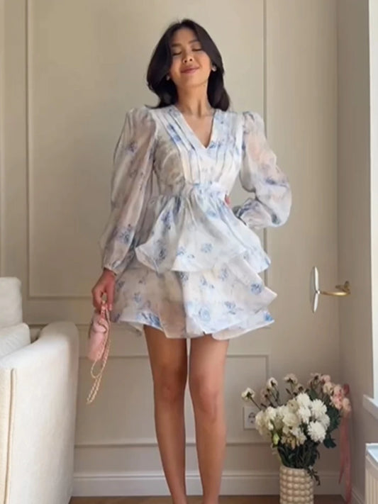 Elegant Printed Mini Dresses Women Chic Waist-cinching V-neck Puff Long Sleeve Aline Dress Fashion New Holiday Robes Summer 2026