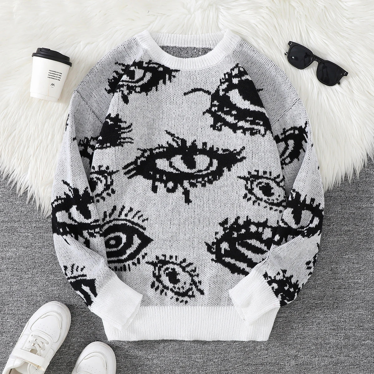 New Trendy Autumn and Winter Abstract Eye Jacquard Pattern Pullover Sweater Casual Round Neck Knitted Men's Pullover