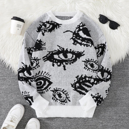 New Trendy Autumn and Winter Abstract Eye Jacquard Pattern Pullover Sweater Casual Round Neck Knitted Men's Pullover