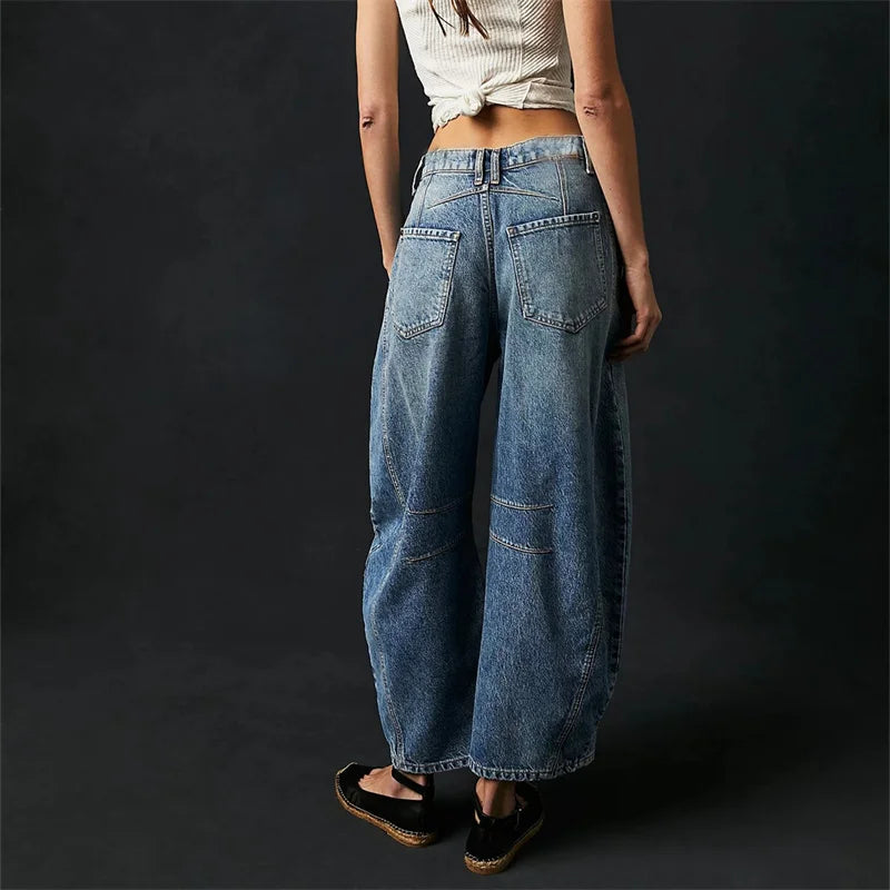 Women Vintage American Style Denim Jeans New Knee Splicing Design Straight Pants Female Commuter Casual Loose Mid Waist Trousers