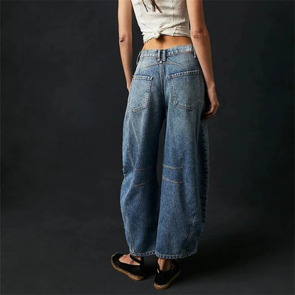 Women Vintage American Style Denim Jeans New Knee Splicing Design Straight Pants Female Commuter Casual Loose Mid Waist Trousers