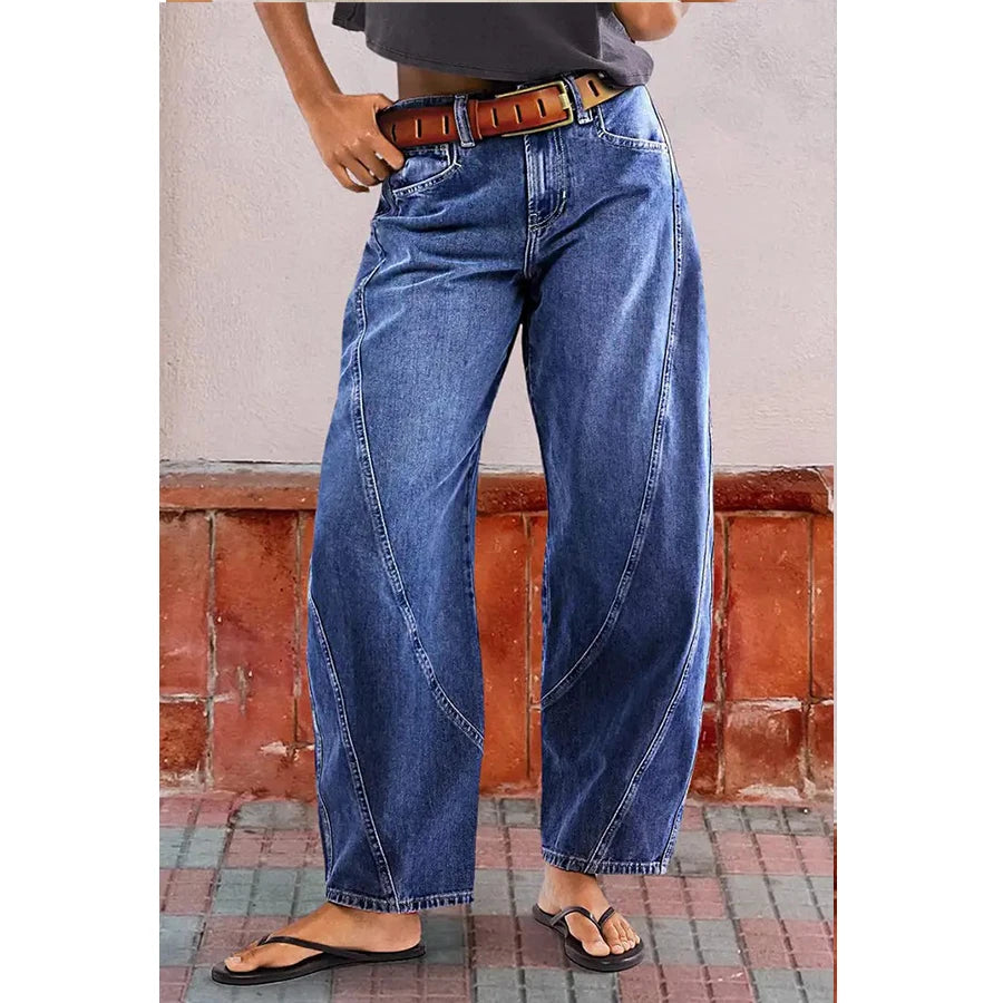 American-style retro curved splicing women's jeans with brown belt + vintage washed, lazy-style figure-flattering jeans