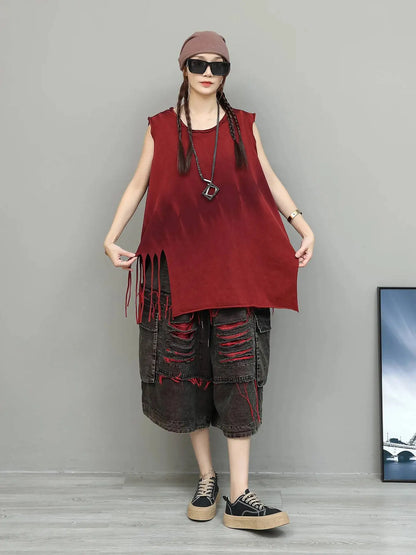 Unique Fashion Denim Jeans Women Distressed Mid-Length Loose Ripped Wide-Leg Cropped Pants LX5800