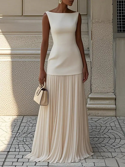 Cosplay Sexy Hollow Knit Dress Women Elegant Long Sleeveless Tank Dress Solid Splice Pleated Boho Slim Slash Neck Female Set