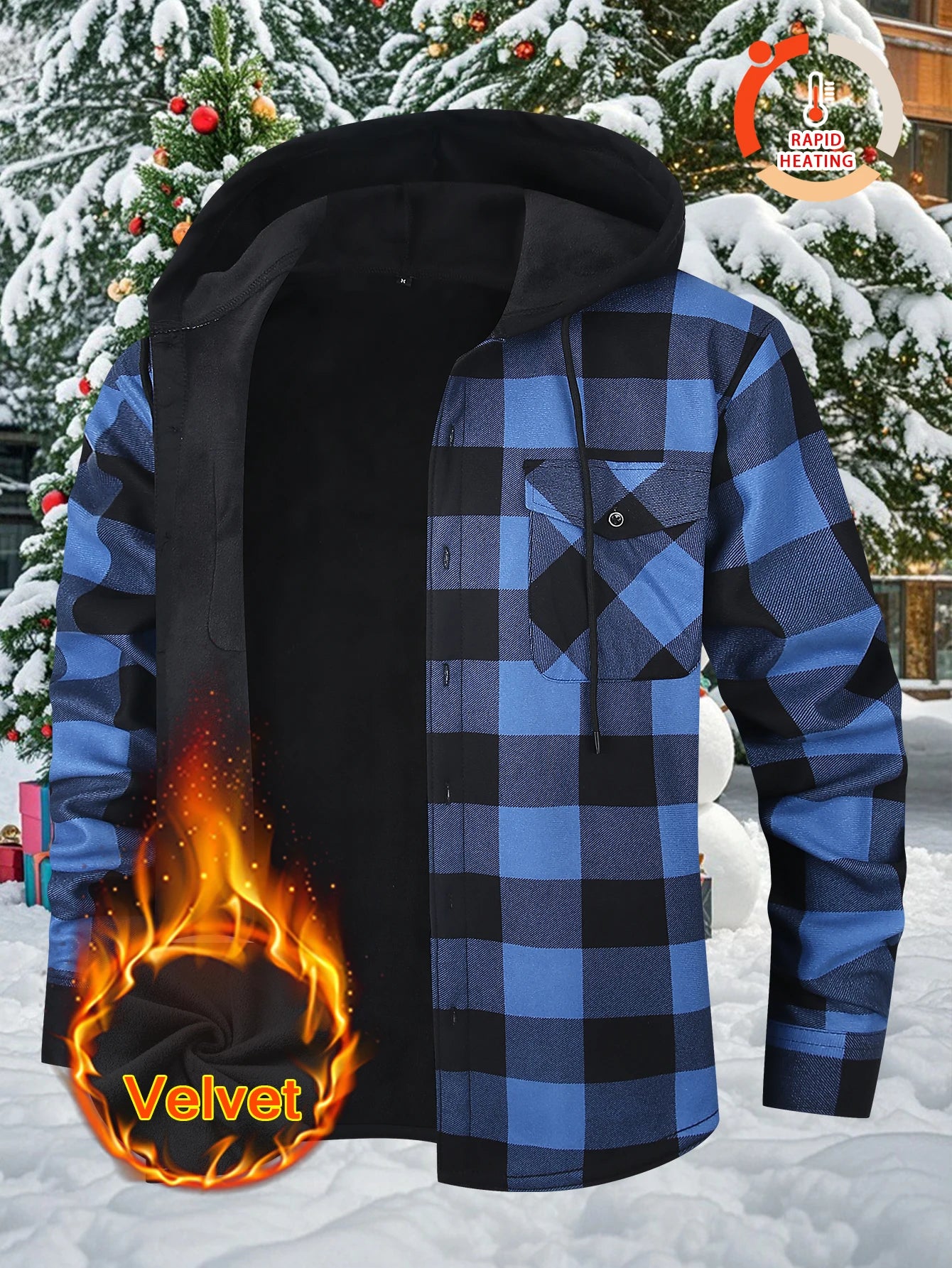 Men's Plaid Sherpa-Lined Hooded Jacket, 2025 New Winter Warm Fleece Loose Fit Long Sleeve Coat, Casual Outdoor Zip Up
