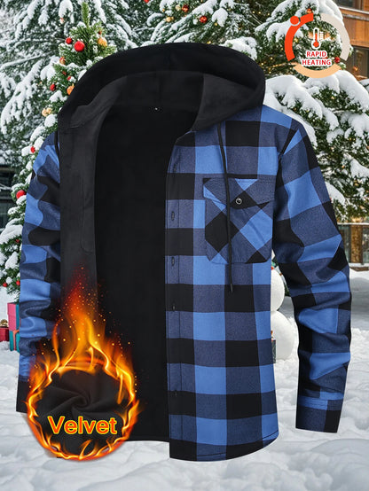 Men's Plaid Sherpa-Lined Hooded Jacket, 2025 New Winter Warm Fleece Loose Fit Long Sleeve Coat, Casual Outdoor Zip Up