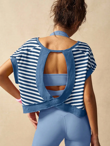 Women Striped Open Back Workout Top Gym Crop Top Summer Active Wear
