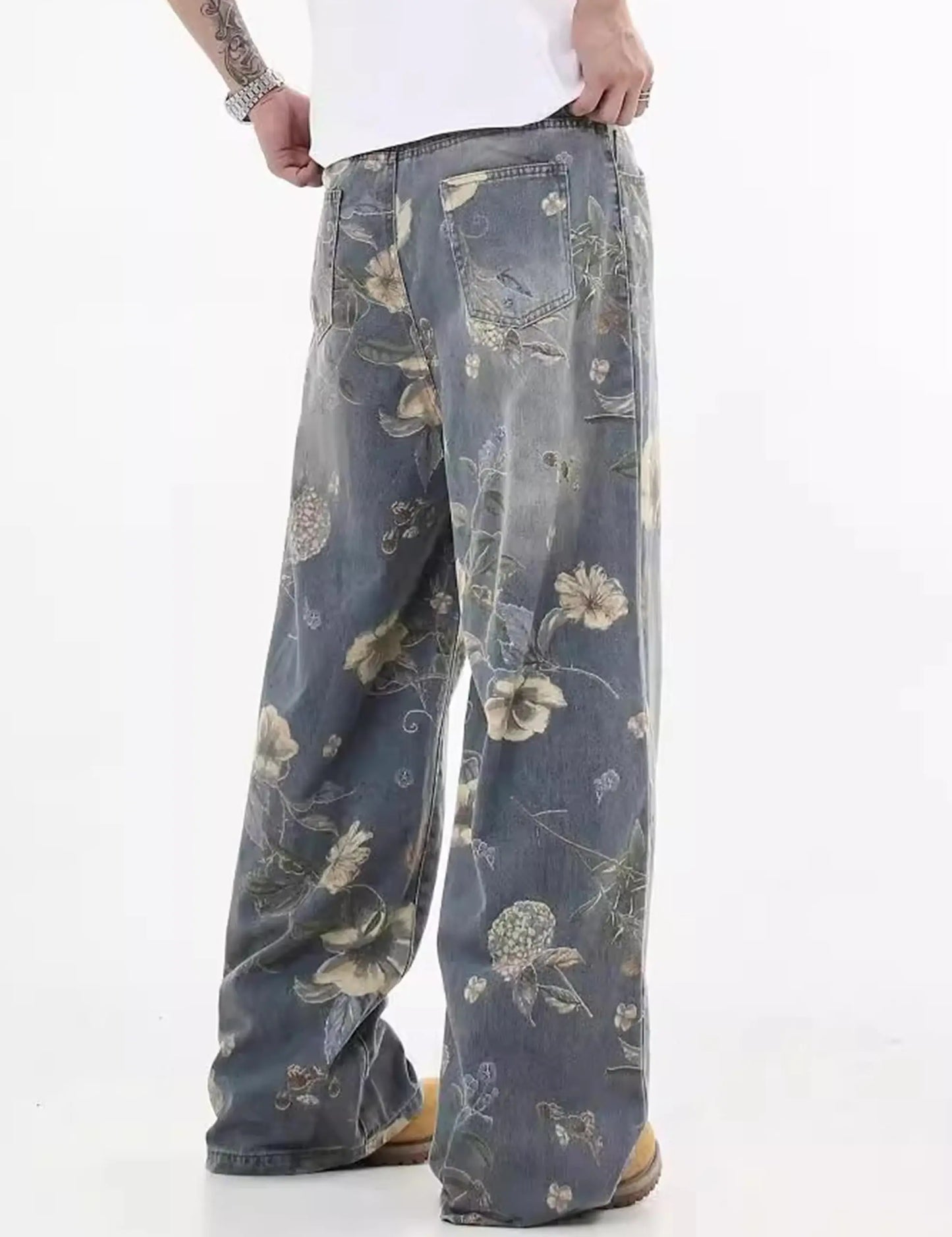 Men's Vintage Wash Baggy Wide Leg Jeans All Over Floral Print Loose Street Style
