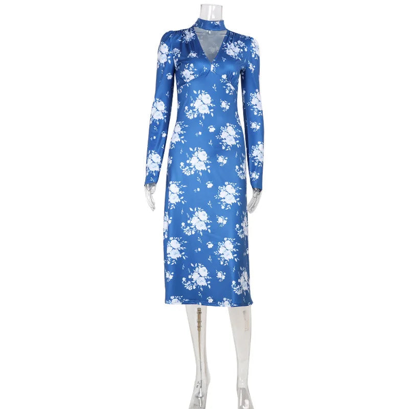 Printes Dresses For Women Fashion Sexy Streetwear Regular V-Neck Full Sleeves Bodycone Mid Vestidos Robes Female Casual Slim Fit