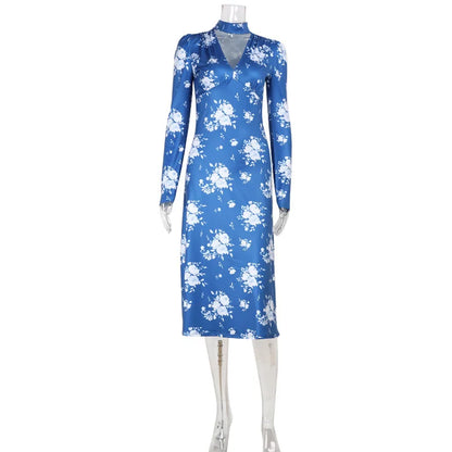 Printes Dresses For Women Fashion Sexy Streetwear Regular V-Neck Full Sleeves Bodycone Mid Vestidos Robes Female Casual Slim Fit