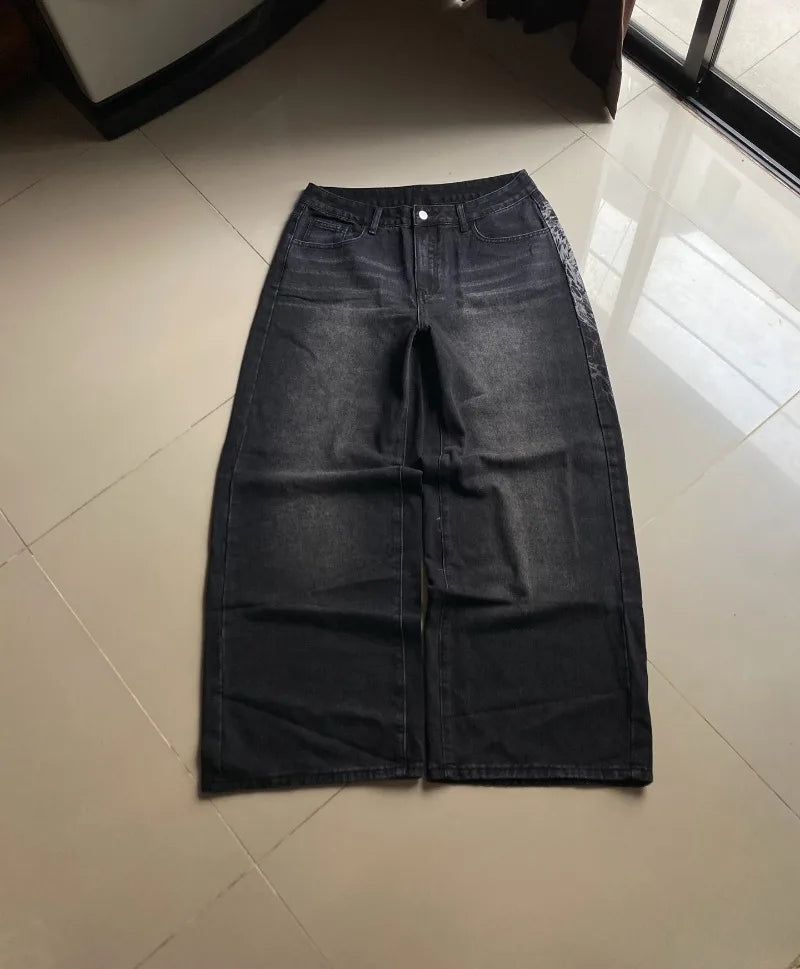 Streetwear New Casual Joker Geometric Print Baggy Jeans Female Y2K Gothic Hip Hop Popular Straight Wide-leg Trousers