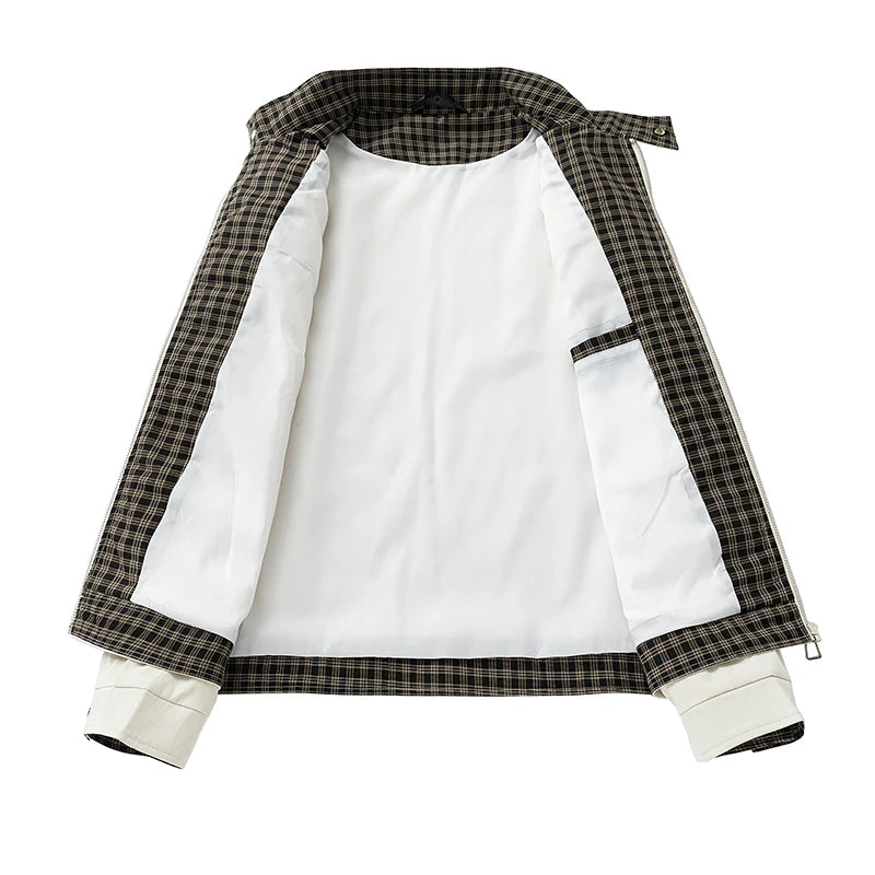 Men's Stand-Collar Casual Jacket – Solid Color Loose Fit Zip-Up Windbreaker with Plaid Lining Streetwear Outerwear