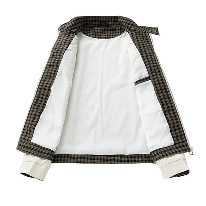 Men's Stand-Collar Casual Jacket – Solid Color Loose Fit Zip-Up Windbreaker with Plaid Lining Streetwear Outerwear