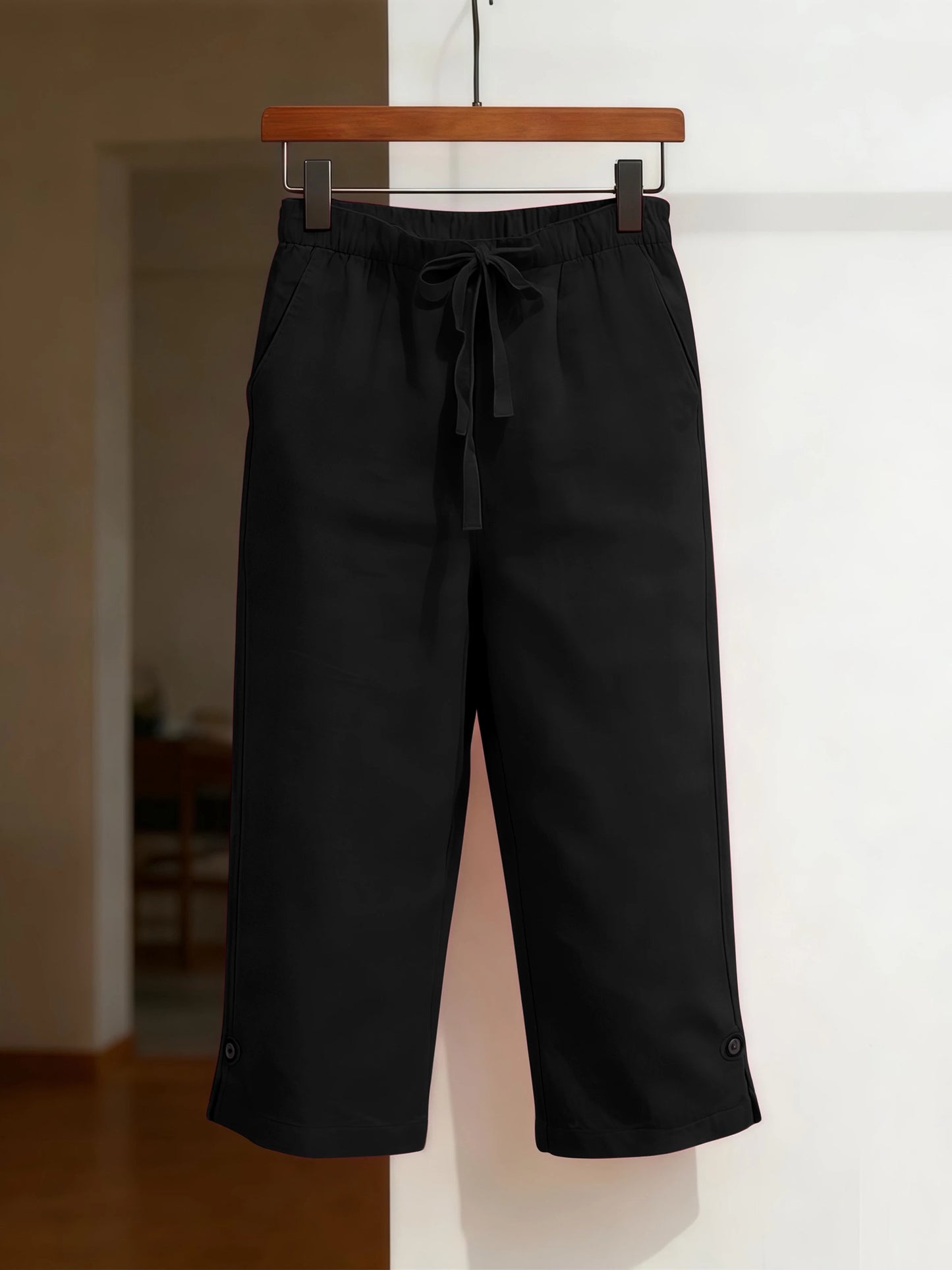 Women's Solid Color Cotton Linen Loose Fit Capri Pants with Belt and Multiple Pockets Front and Back