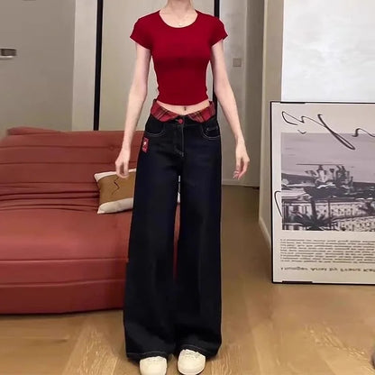 2025 New Long Jeans Sweet American Hot Girls Embroidered Jeans Cute Women's Black Straight High Waist Wide Legs