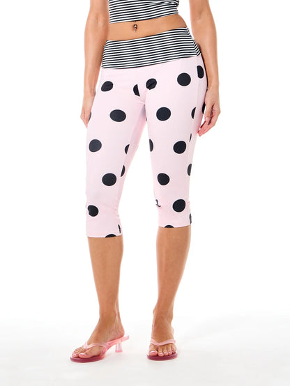 SUMWON WOMEN Women's Fold Over Waistband Polka Dot Capri Leggings With Striped Detail Mid Length High Rise Casual Leggings For