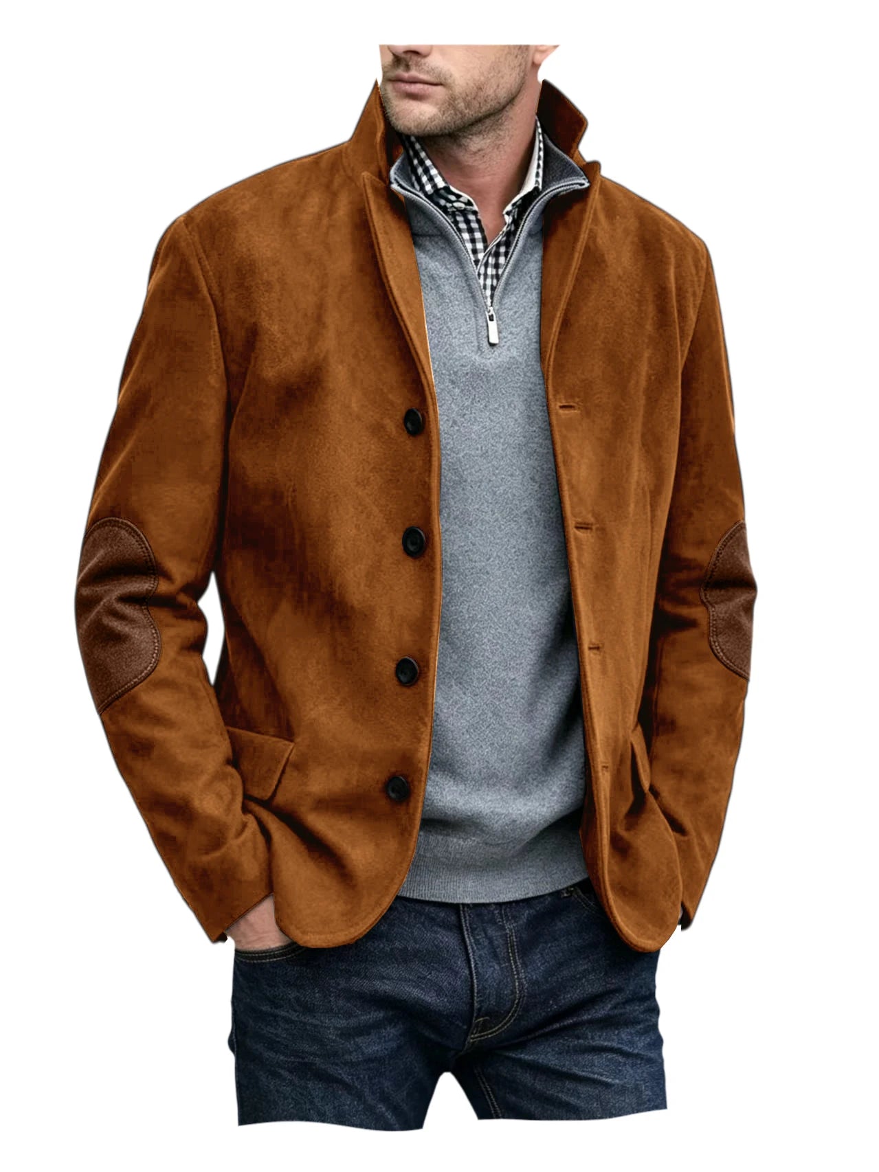 Vintage Men's Suede Blazer Notch Lapel Elbow Patches Slim Fit Jacket Business Casual Men Fashion Outerwear for Spring Autumn
