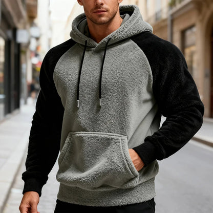Winter Men Fleece Hooded Sweatshirt Long Sleeve Match Colors Shoulder Cuff Hoodies Trendy Big Size Light Weight Outerwear M-2XL