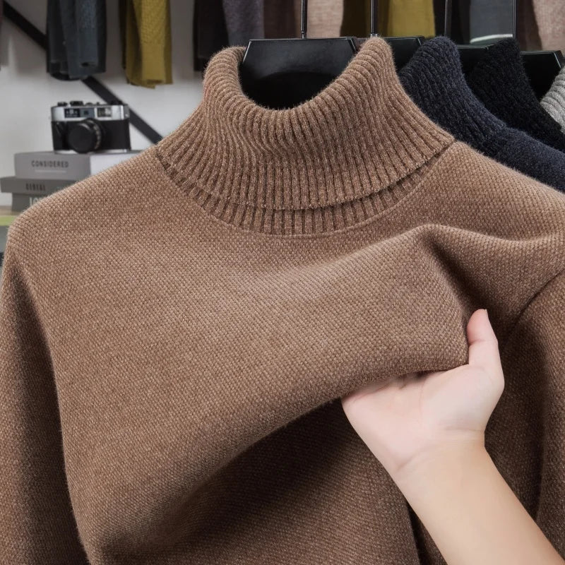 Luxury Man Long-Sleeved Knitwear High Neck Fleece-Lined Thickened Solid Color European American Style Sweater Leisure Men's Wear