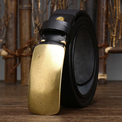 3.3cm Pure Cowskin Men Belt High Quality Genuine Leather Smooth Brass Buckle Strap Male Jeans Luxury Designer Belts for Man