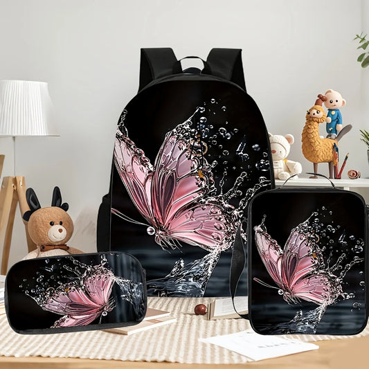 3pcs [2D Flat] Backpack Set with Pink Butterfly & Water Droplets Print School Backpack, Pencil Case, Lunch Bag, 2D Flat