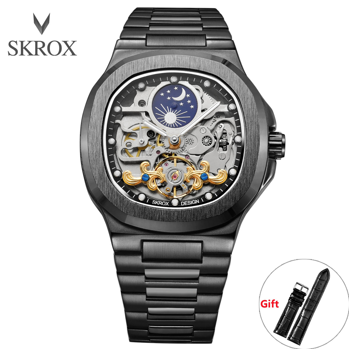 2026 High-end Luxury SKROX Square Man Watch Sapphire Stainless Steel Skeleton Moon Phase Classic Automatic Movement Male Watches