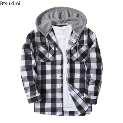 2026 Men's Flannel Shirt Jackets Classic Plaid Loose Casual Hooded Coats Double Pockets Button-up