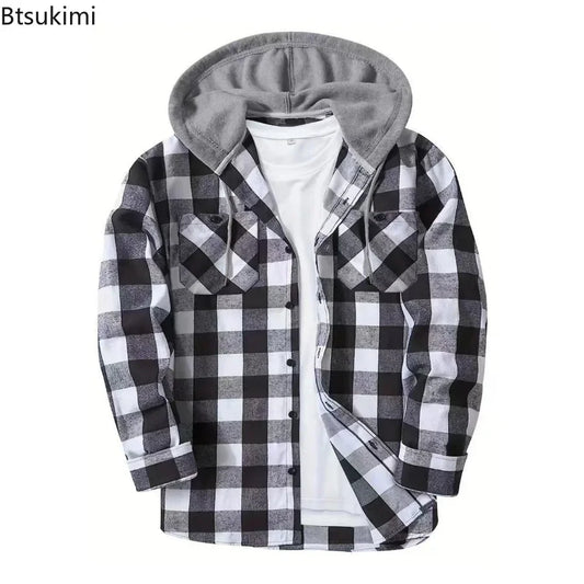 2026 Men's Flannel Shirt Jackets Classic Plaid Loose Casual Hooded Coats Double Pockets Button-up