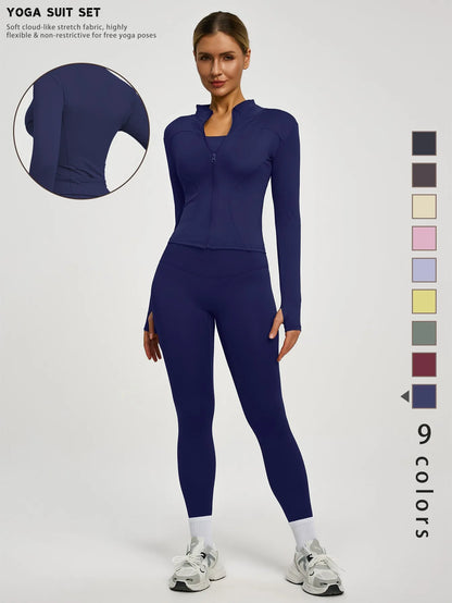 Fitfemme 2Pcs Women's Spring Yoga Sport Suit High Waist Legging Jacket Lifting Running Pants Outdoor Set