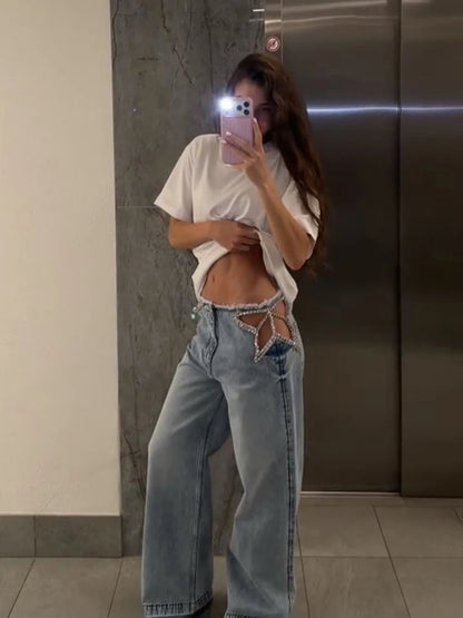Y2K Rhinestone Fringed Jeans Women Low Waist Wide Legs Hollow Out Denim Pants Female 2026 Summer New Chic Soft Streetwears