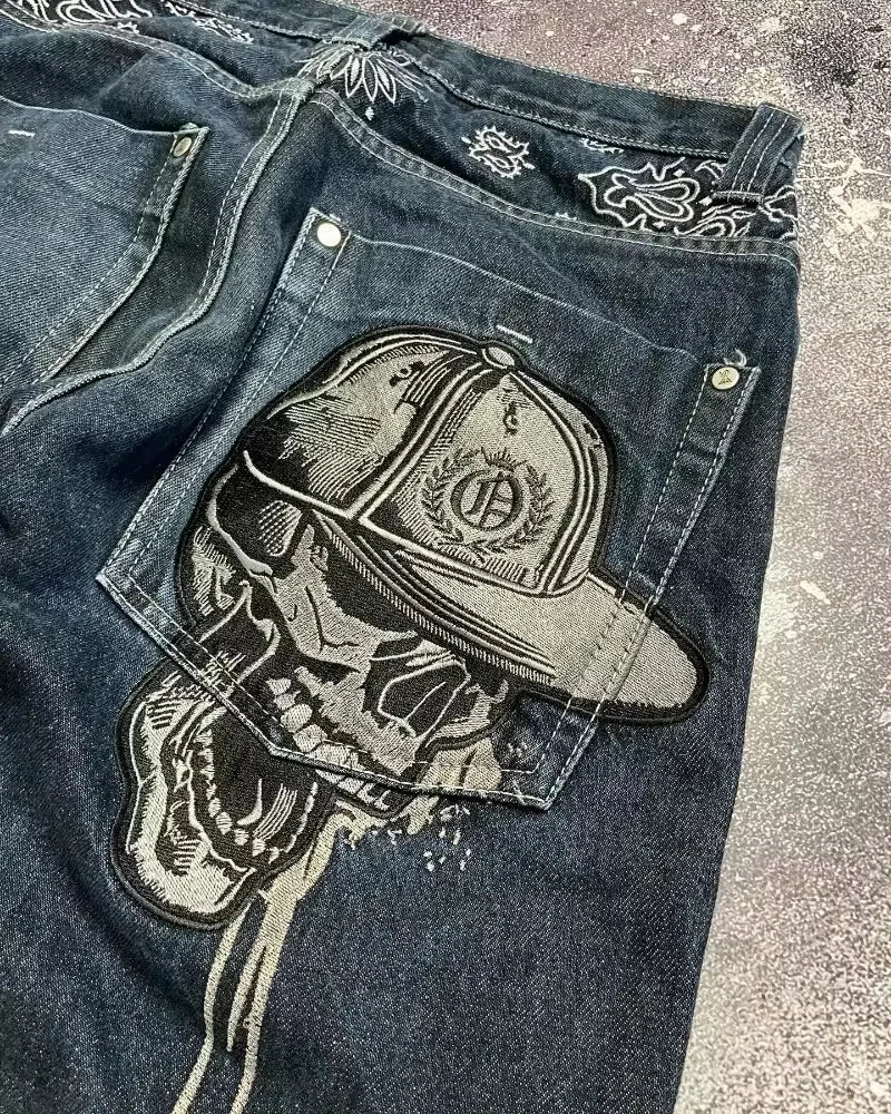 Street Fashion Trend Skull Embroidered Jeans Women Straight Wide-leg Pants Couple Casual Jeans