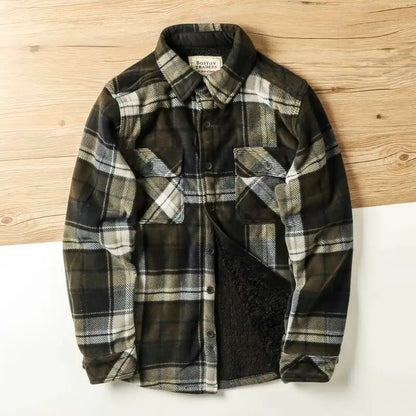 Winter Men's Plaid Flannel Shirts Thick Fleece Jacket Quilted Lined Long Sleeve Lamb Wool Checkered Shirt