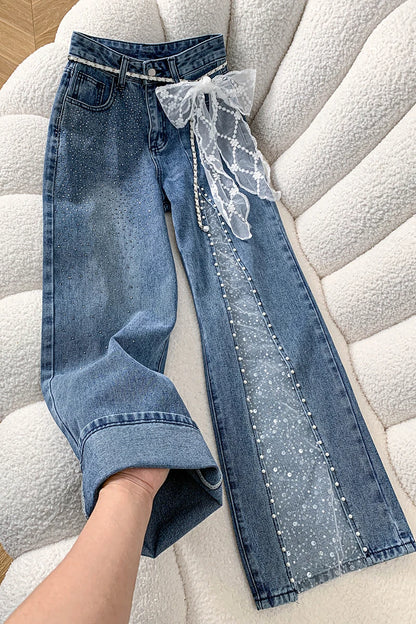 Women Jeans Pants Baggy Jeans Spring Flare Trousers Lace Applique Crystal Wide Leg Pearl Slit Distressed Design